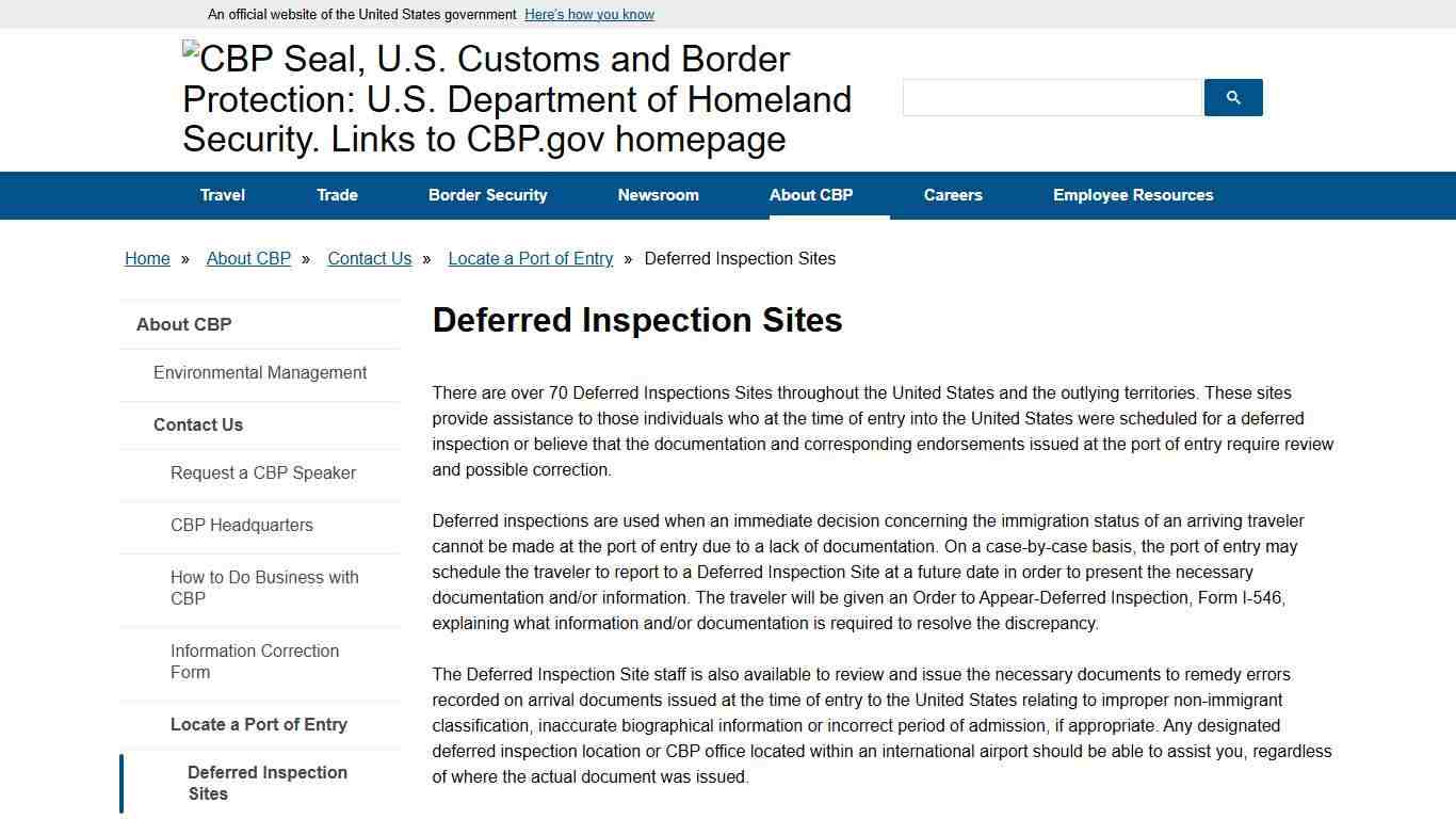 Deferred Inspection Sites | U.S. Customs and Border Protection